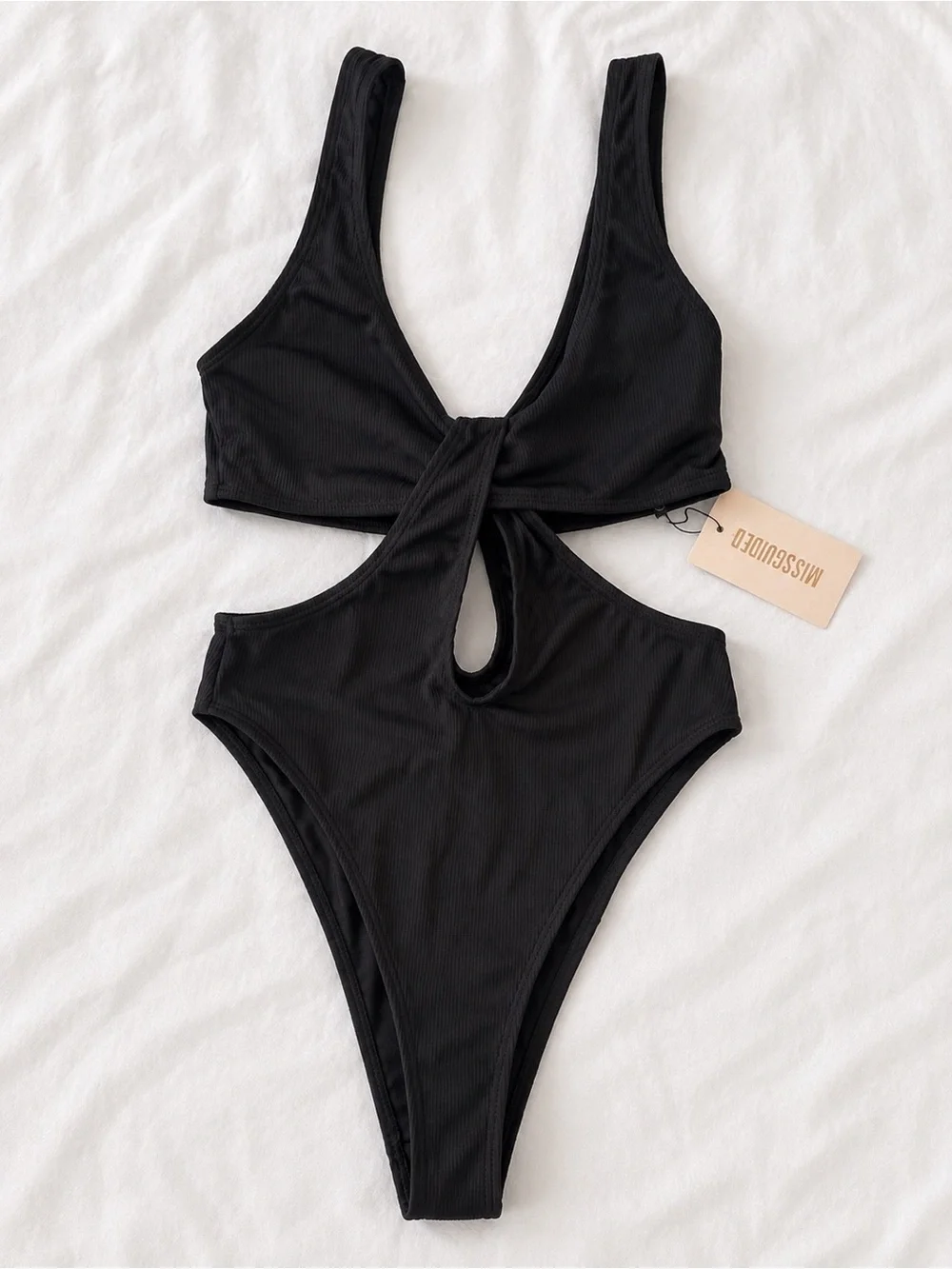 Missguided Ribbed Black Cutout One-Piece Swimsuit/Bodysuit